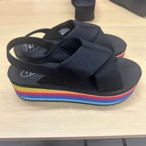 Rocket Dog Women's Hanalei Grosgrain Cotton/Rainbow Eva Heeled Sandal SZ 11 EUC